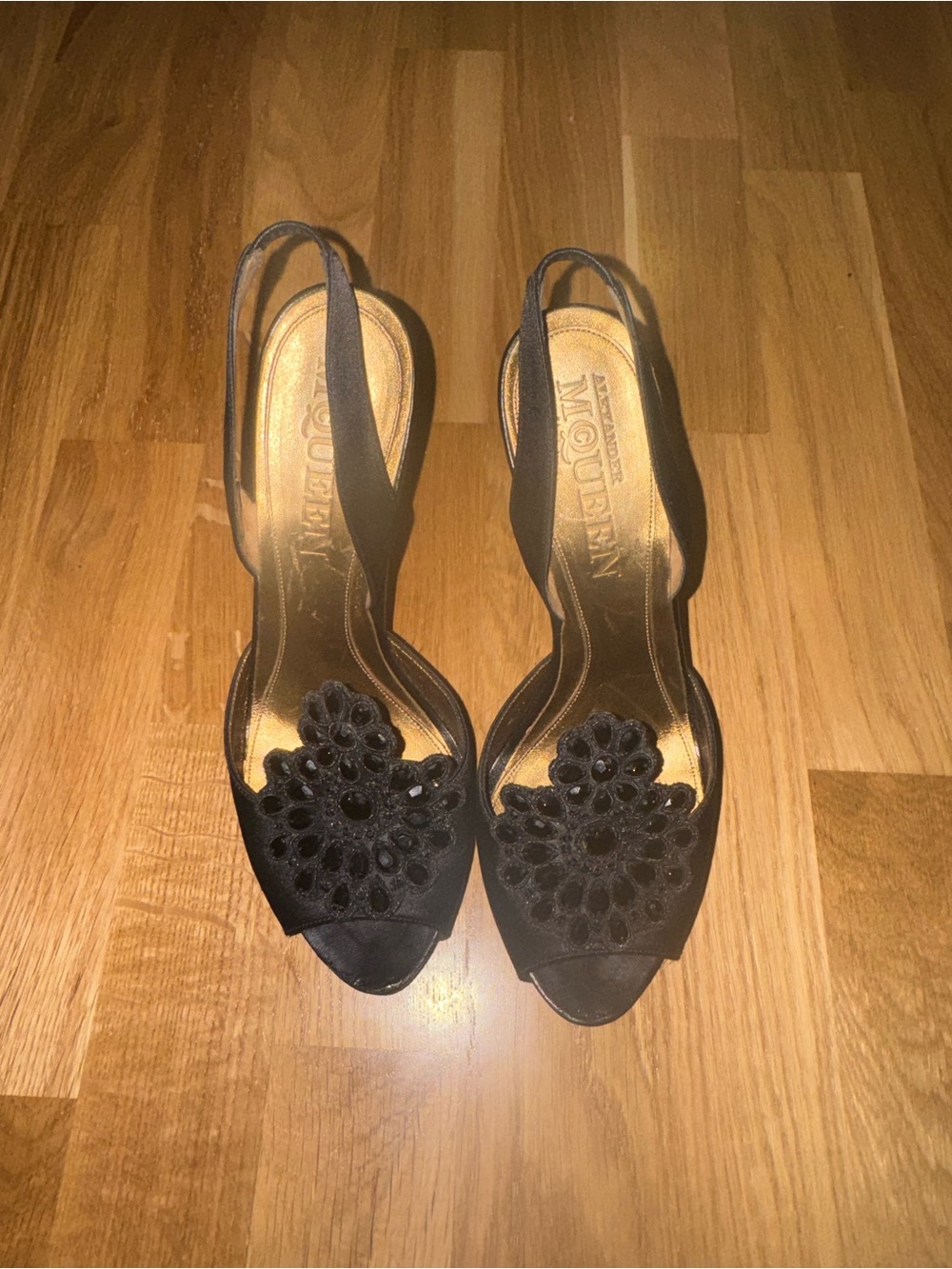 Alexander McQueen Black Satin Floral Applique Slingback Heels